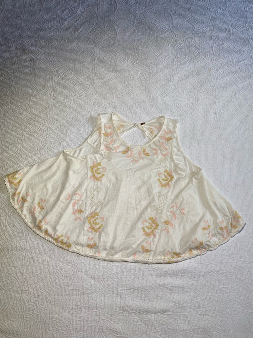 Free People Ivory Floral Embroidered Swing Tank